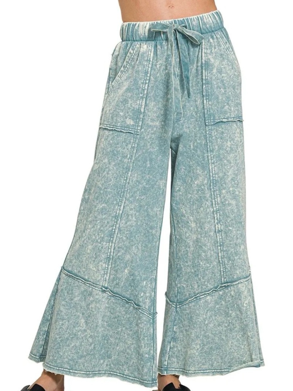 Zenana Ash Blue Exposed-seam Flare Hem Pants With Pockets